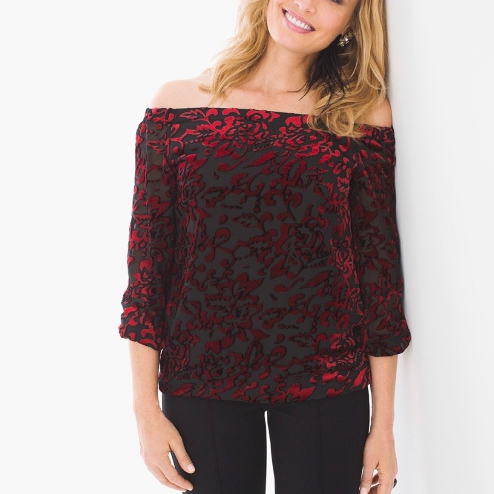 Chicos• red black velvet statement off the shoulder lace detail top